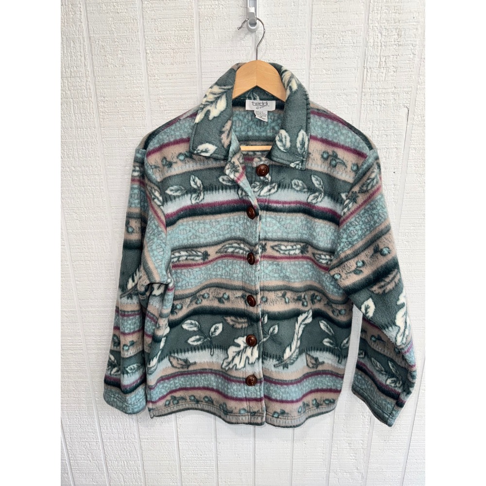 Teddi Fleece Jacket Womens Medium Green Teal Southwestern Feather Vintage M